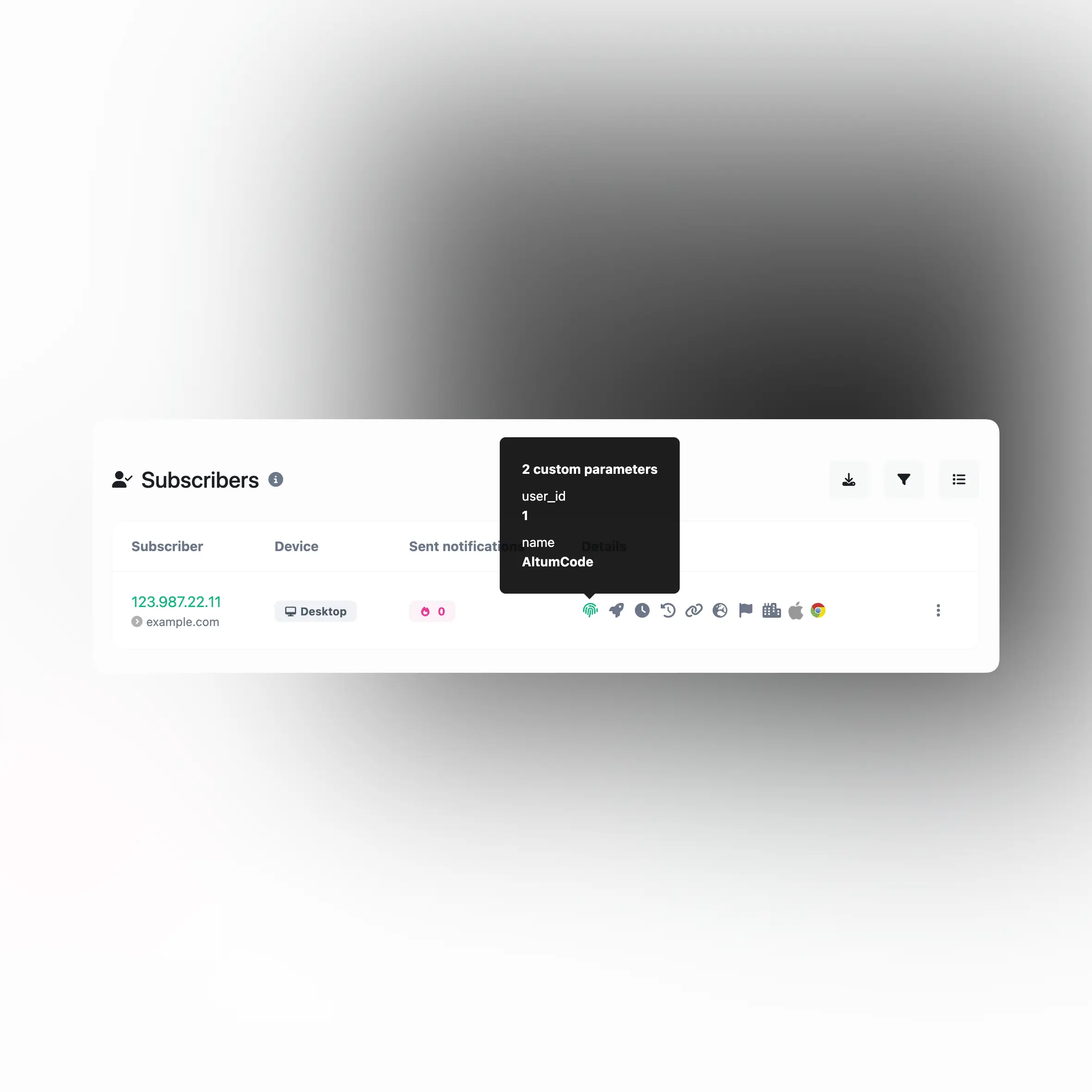 Captura de pantalla de la función de seguimiento de parámetros personalizados de los suscriptores de la aplicación.